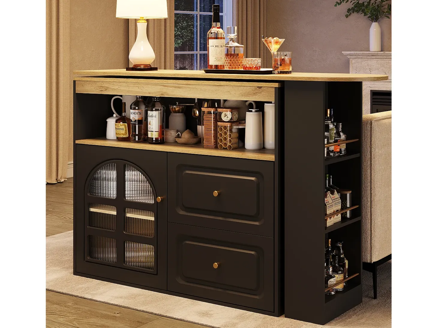 Mesa de bar giratoria de madera con 1 puerta de cristal y 2 cajones, aparador con almacenaje (138-204) x 39 x 104 cm - negro