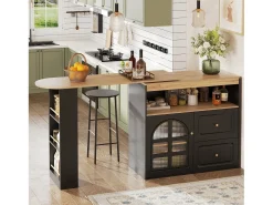 Mesa de bar giratoria de madera con 1 puerta de cristal y 2 cajones, aparador con almacenaje (138-204) x 39 x 104 cm - negro