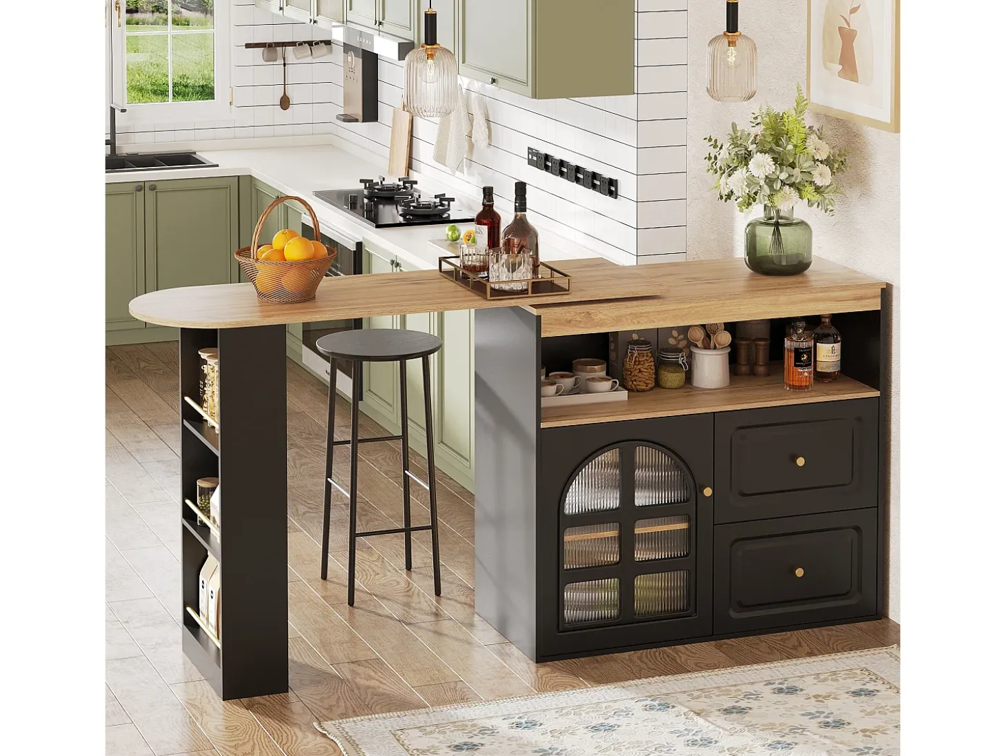 Mesa de bar giratoria de madera con 1 puerta de cristal y 2 cajones, aparador con almacenaje (138-204) x 39 x 104 cm - negro
