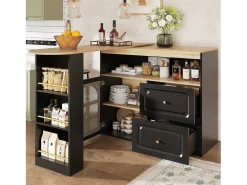 Mesa de bar giratoria de madera con 1 puerta de cristal y 2 cajones, aparador con almacenaje (138-204) x 39 x 104 cm - negro
