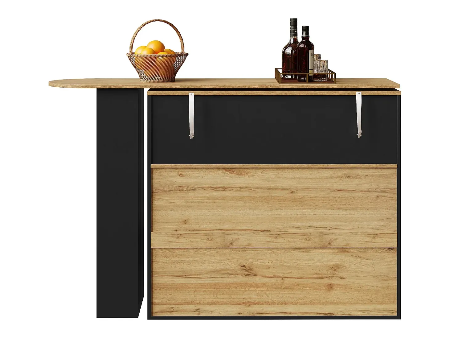 Mesa de bar giratoria de madera con 1 puerta de cristal y 2 cajones, aparador con almacenaje (138-204) x 39 x 104 cm - negro