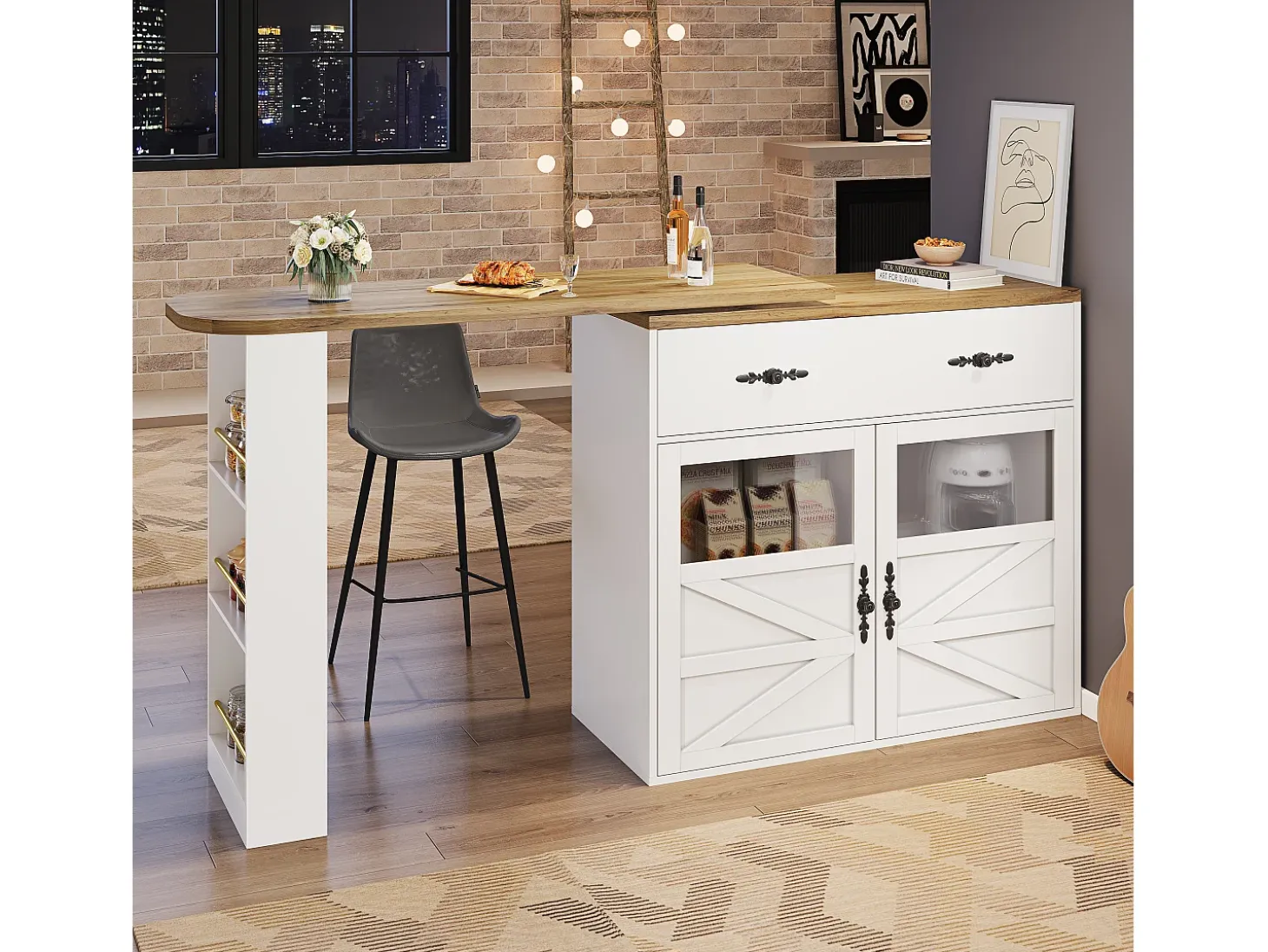 Mesa de bar giratoria de madera con 2 puertas y 1 cajón, con tablero extensible - (138-204) x 39 x 104 cm - blanco