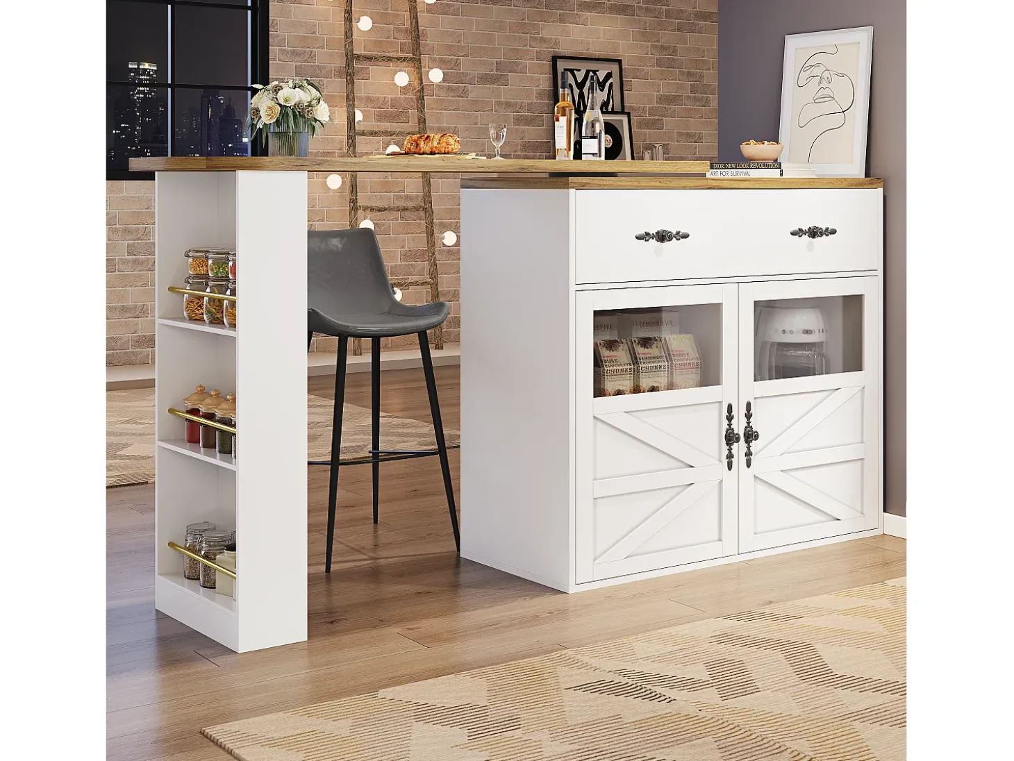 Mesa de bar giratoria de madera con 2 puertas y 1 cajón, con tablero extensible - (138-204) x 39 x 104 cm - blanco