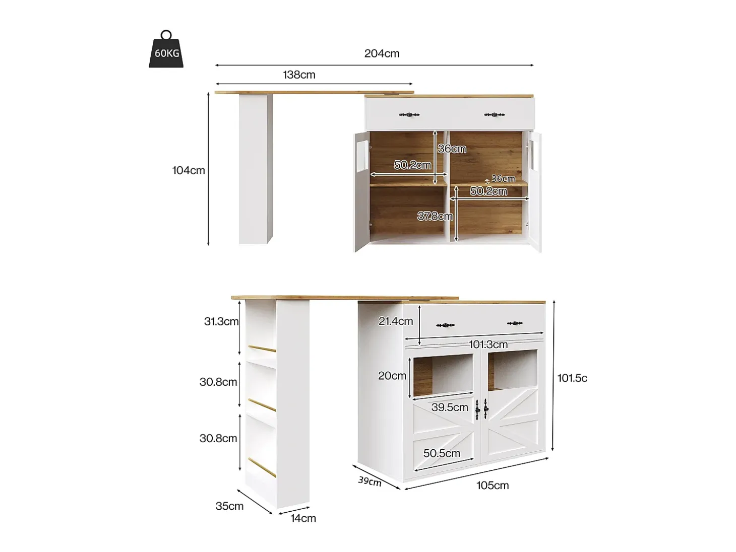 Mesa de bar giratoria de madera con 2 puertas y 1 cajón, con tablero extensible - (138-204) x 39 x 104 cm - blanco