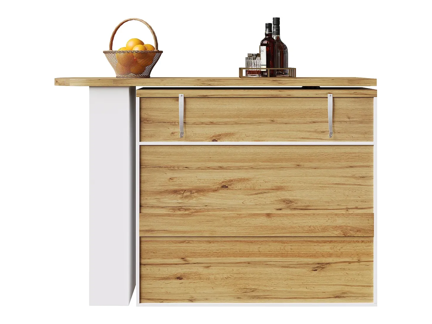 Mesa de bar giratoria de madera con 2 puertas y 1 cajón, con tablero extensible - (138-204) x 39 x 104 cm - blanco