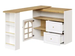 Mesa de bar giratoria de madera con 1 puerta de cristal y 2 cajones, aparador con almacenaje (138-204) x 39 x 104 cm - blanco