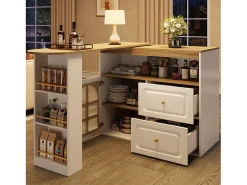 Mesa de bar giratoria de madera con 1 puerta de cristal y 2 cajones, aparador con almacenaje (138-204) x 39 x 104 cm - blanco