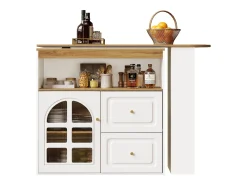 Mesa de bar giratoria de madera con 1 puerta de cristal y 2 cajones, aparador con almacenaje (138-204) x 39 x 104 cm - blanco