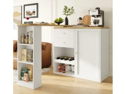 Mesa de bar giratoria de madera con 1 puerta y 2 cajones Isla de cocina con almacenaje 138x39x102 cm - blanco
