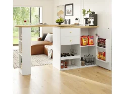 Mesa de bar giratoria de madera con 1 puerta y 2 cajones Isla de cocina con almacenaje 138x39x102 cm - blanco