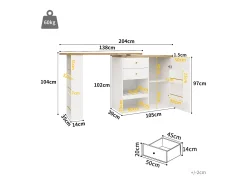 Mesa de bar giratoria de madera con 1 puerta y 2 cajones Isla de cocina con almacenaje 138x39x102 cm - blanco