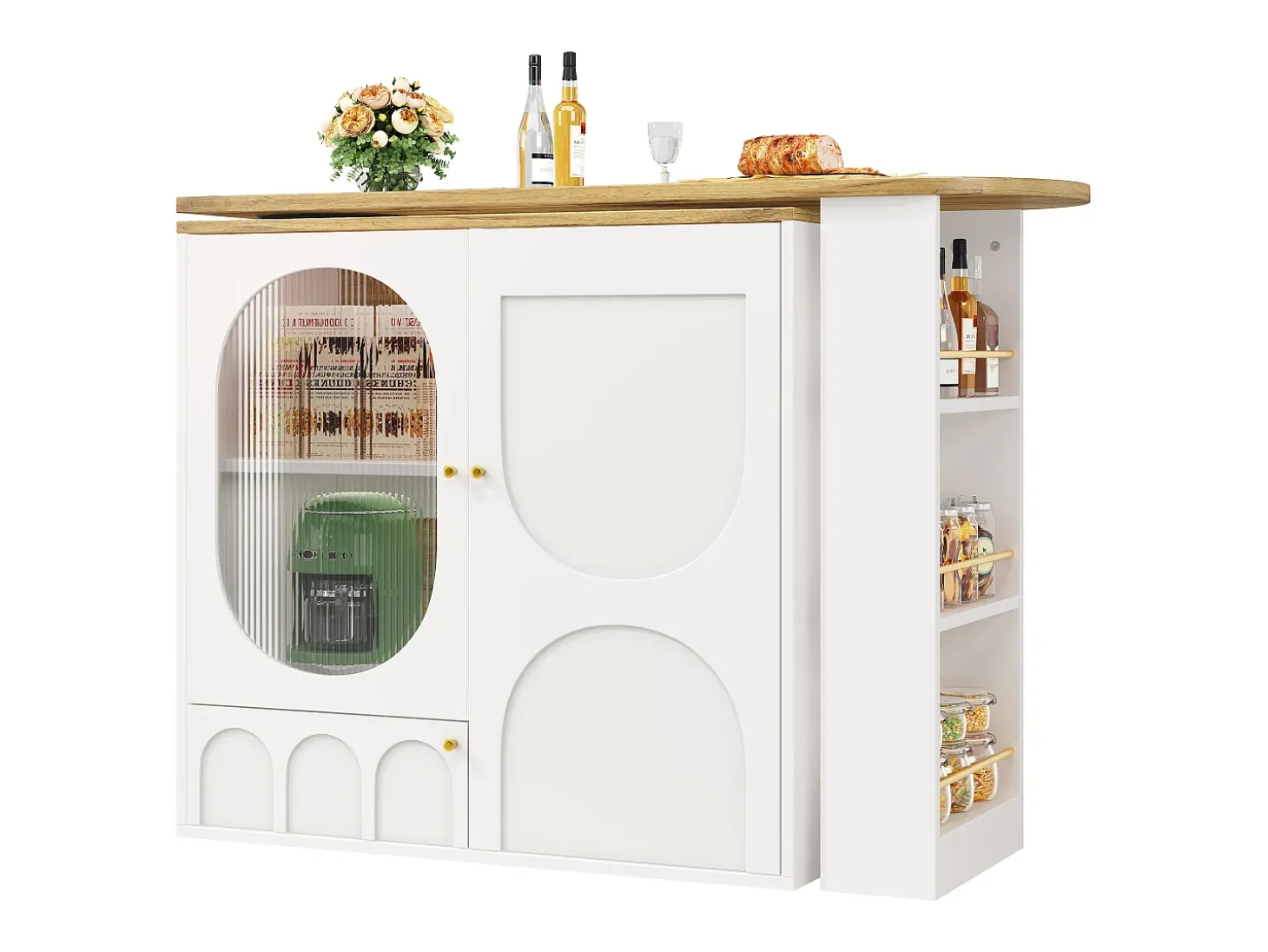 Mesa de bar giratoria de 360°, mueble con espacio de almacenamiento, MDF y metal, blanco y negro (137,9 x 73 x 92,5 cm)