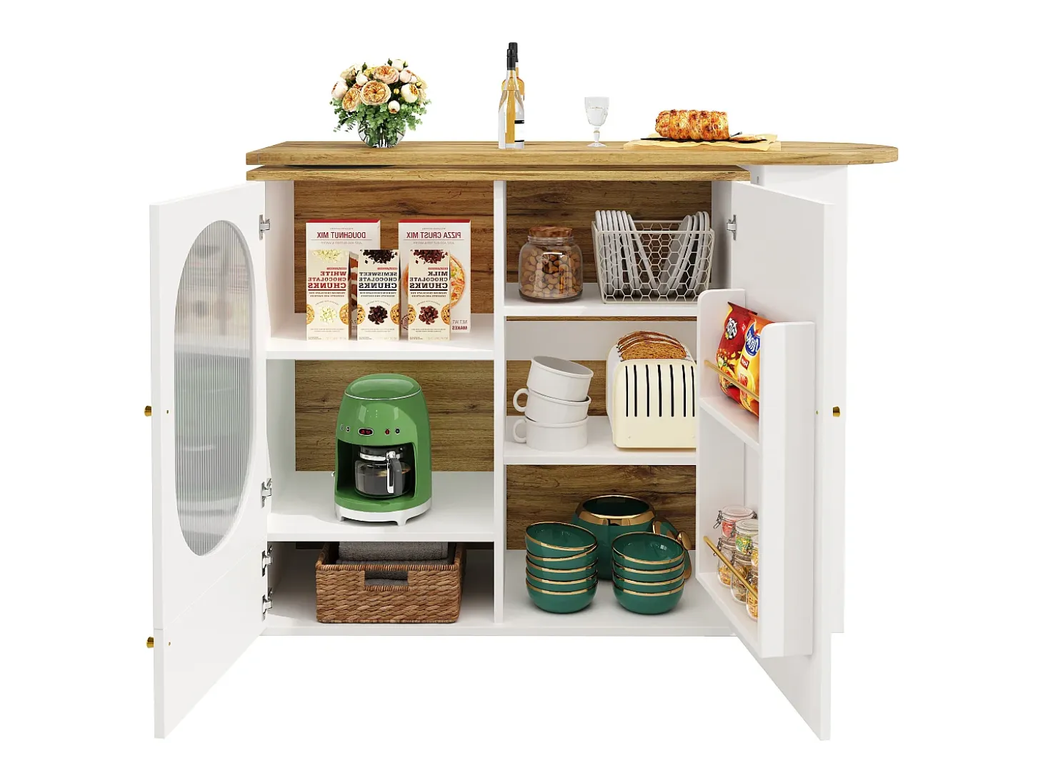 Mesa de bar giratoria de 360°, mueble con espacio de almacenamiento, MDF y metal, blanco y negro (137,9 x 73 x 92,5 cm)