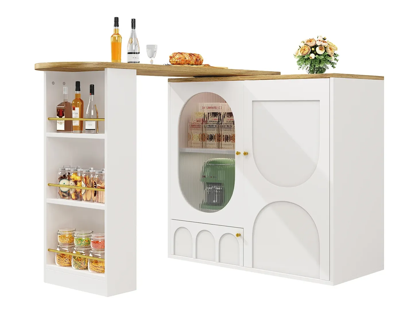 Mesa de bar giratoria de 360°, mueble con espacio de almacenamiento, MDF y metal, blanco y negro (137,9 x 73 x 92,5 cm)