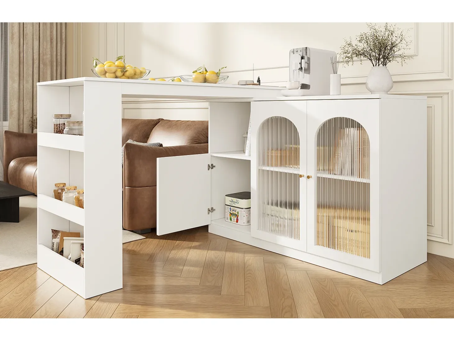 Mesa de bar giratoria de 360° (120×40×97 cm), mueble multifuncional con puerta de cristal, color blanco, diseño moderno y limpio.