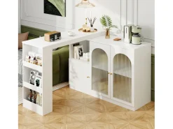 Mesa de bar giratoria de 360° (120×40×97 cm), mueble multifuncional con puerta de cristal, color blanco, diseño moderno y limpio.