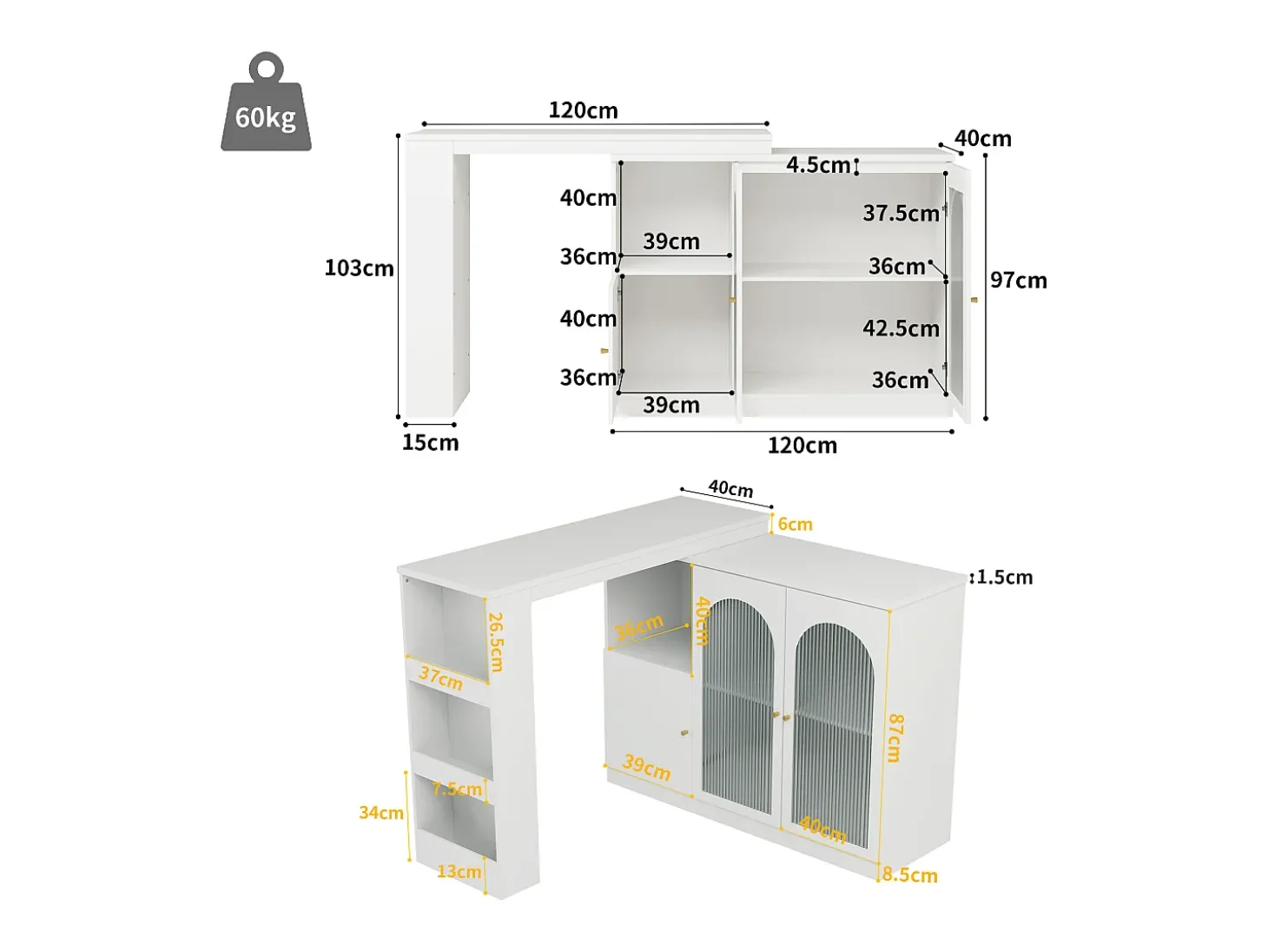 Mesa de bar giratoria de 360° (120×40×97 cm), mueble multifuncional con puerta de cristal, color blanco, diseño moderno y limpio.