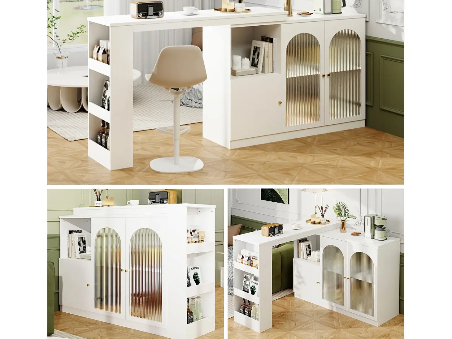 Mesa de bar giratoria de 360° (120×40×97 cm), mueble multifuncional con puerta de cristal, color blanco, diseño moderno y limpio.