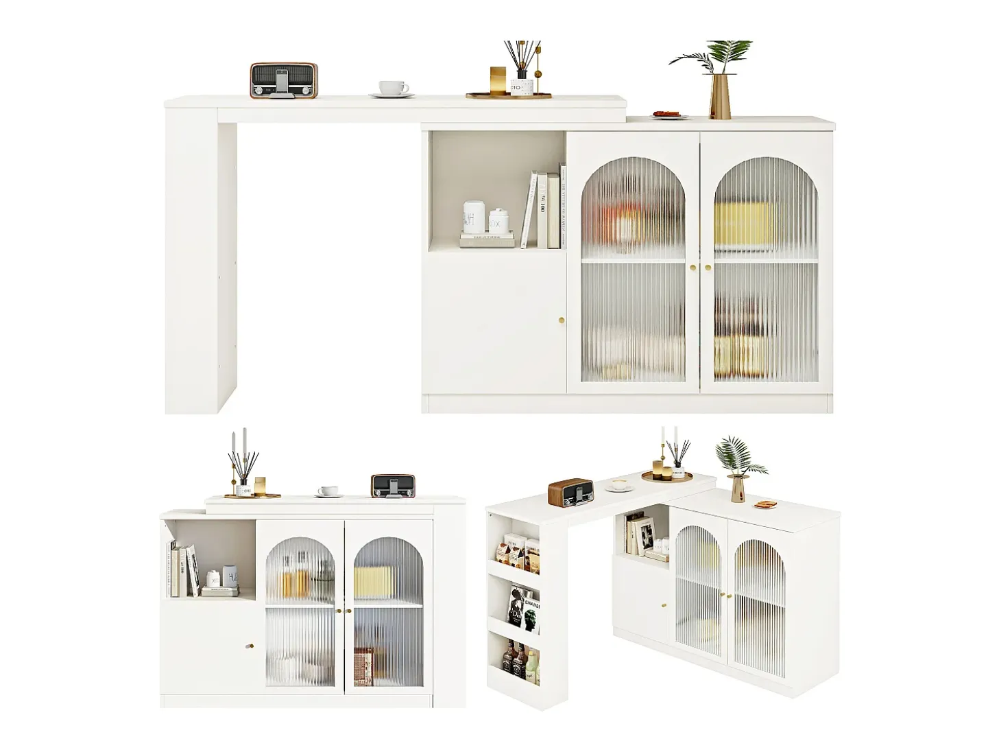 Mesa de bar giratoria de 360° (120×40×97 cm), mueble multifuncional con puerta de cristal, color blanco, diseño moderno y limpio.