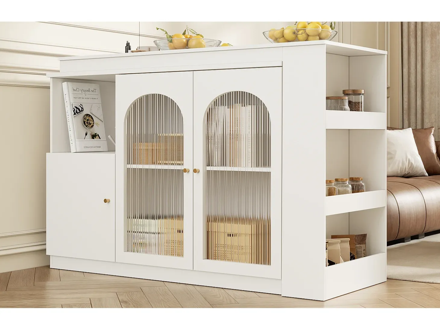 Mesa de bar giratoria de 360° (120×40×97 cm), mueble multifuncional con puerta de cristal, color blanco, diseño moderno y limpio.