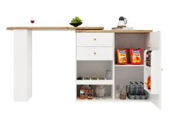 Mesa de bar giratoria de 360° con 2 cajones y 3 estantes abiertos, MDF, blanco y negro (105 x 39 x 102 cm)