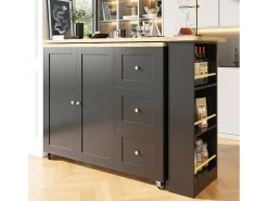 Mesa de bar giratoria móvil 2 puertas y 3 cajones Isla de cocina con tablero extensible (135-203)x39x106 cm - negro
