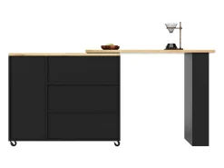 Mesa de bar giratoria móvil 2 puertas y 3 cajones Isla de cocina con tablero extensible (135-203)x39x106 cm - negro