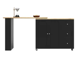 Mesa de bar giratoria móvil 2 puertas y 3 cajones Isla de cocina con tablero extensible (135-203)x39x106 cm - negro