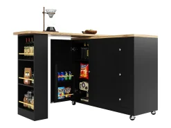 Mesa de bar giratoria móvil 2 puertas y 3 cajones Isla de cocina con tablero extensible (135-203)x39x106 cm - negro