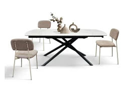 Mesa de cerámica blanca, base de metal negro, extensible 120x88-180x88 cm - BONIFACIO