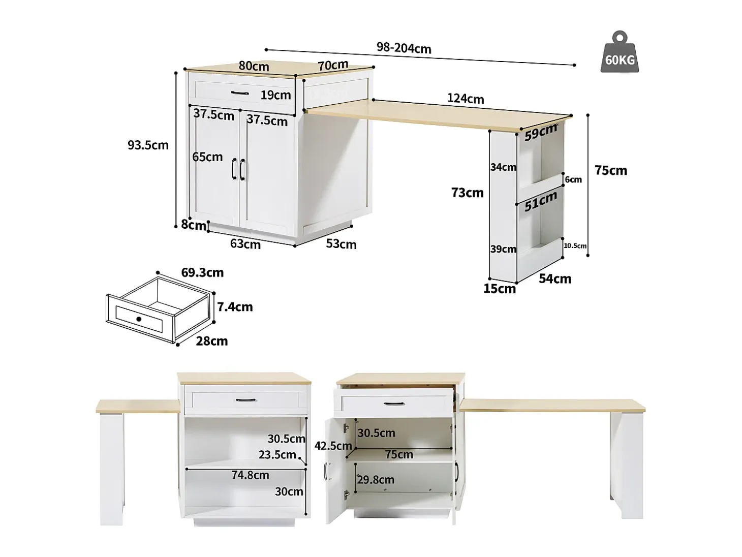 Mesa de cocina extensible con almacenaje, 2 cajones y 2 compartimentos, MDF, blanco (133-202x70x93,5 cm)