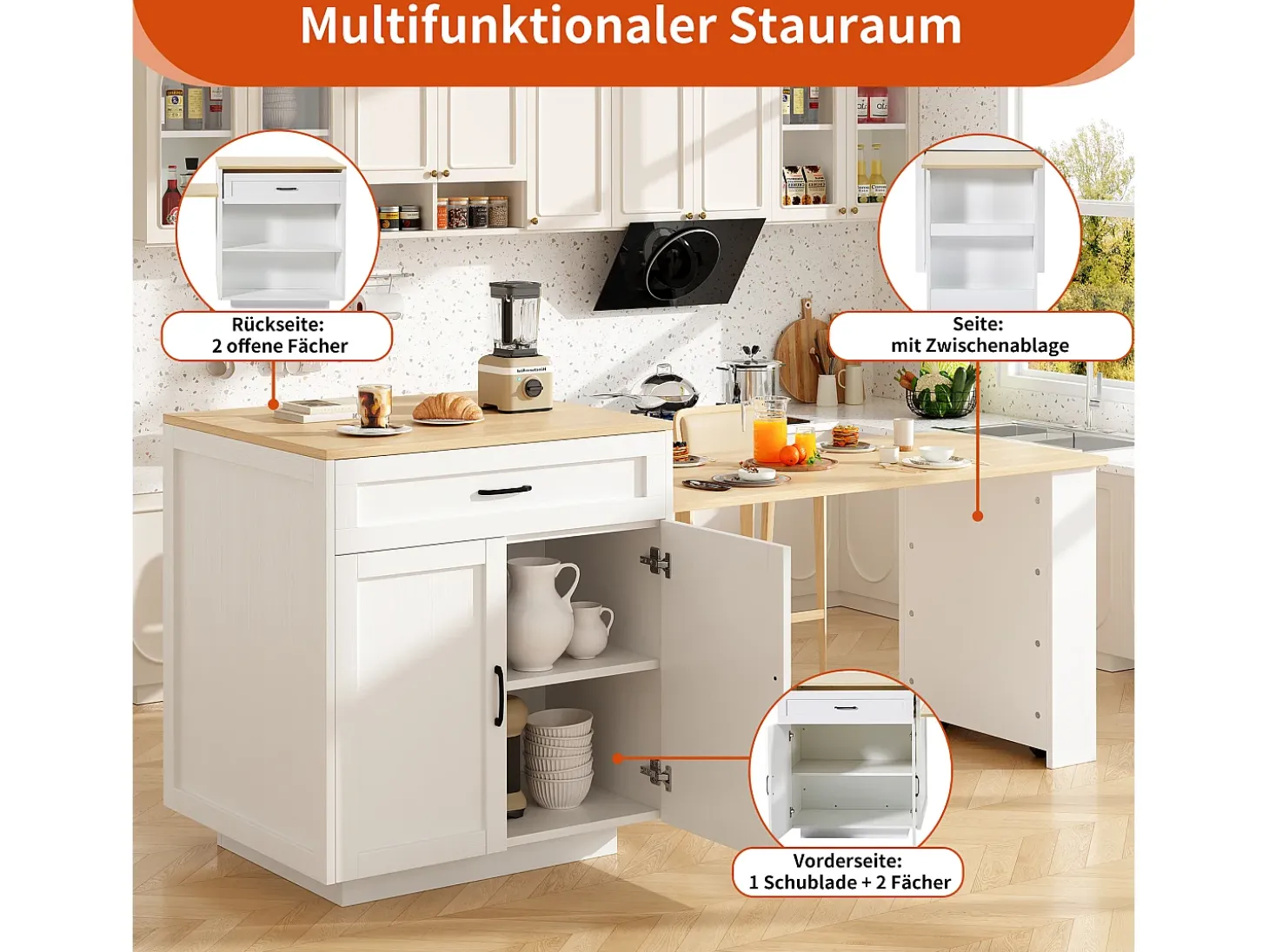 Mesa de cocina extensible con almacenaje, 2 cajones y 2 compartimentos, MDF, blanco (133-202x70x93,5 cm)