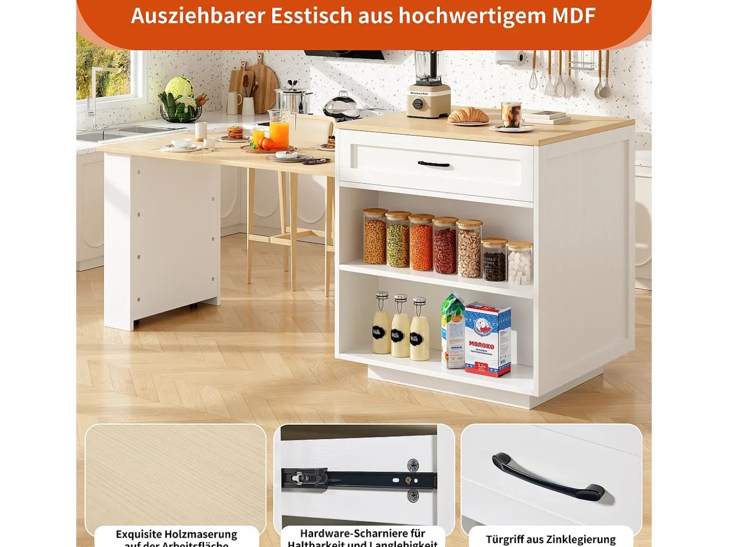 Mesa de cocina extensible con almacenaje, 2 cajones y 2 compartimentos, MDF, blanco (133-202x70x93,5 cm)