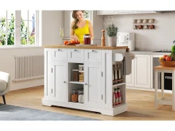 Mesa de cocina móvil con superficie plegable, estilo rústico, con almacenaje multifuncional, especiero y enchufe integrado (132x70x87 cm)