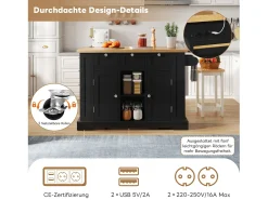 Mesa de cocina móvil, estilo rústico, superficie plegable, almacenamiento multifuncional, estantes, ruedas (132x70x87 cm)