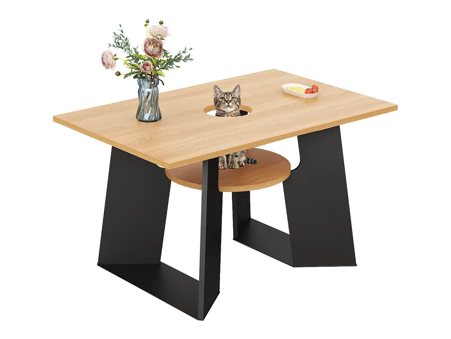 Mesa de comedor 130×85×75 cm - con agujero para gato - tablero de almacenamiento - para 6 personas - negro y natural