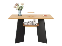Mesa de comedor 130×85×75 cm - con agujero para gato - tablero de almacenamiento - para 6 personas - negro y natural