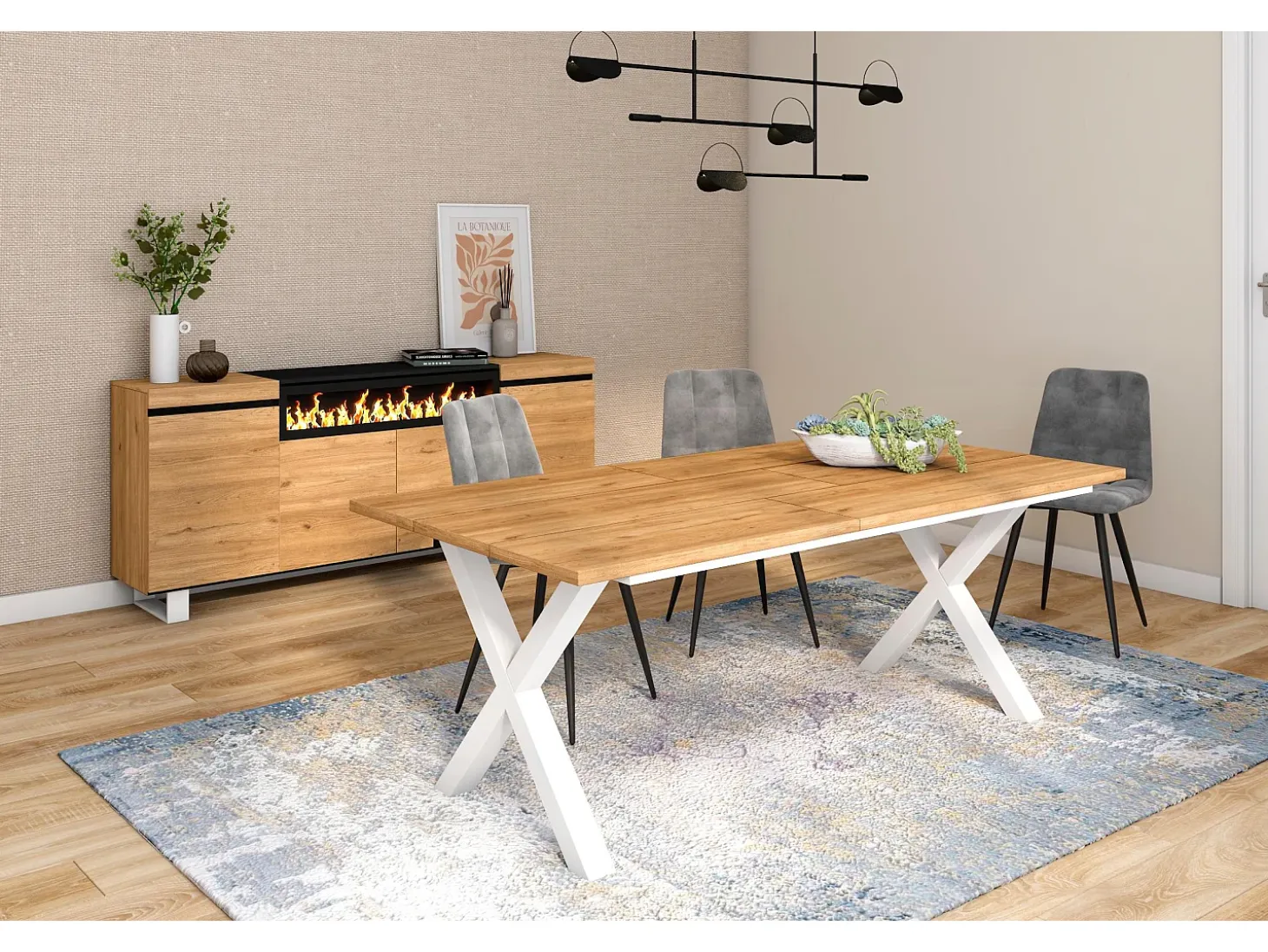 Mesa de Comedor, 10 Comensales, 194x90x75cm, Robusta y estable gracias a su estructura y patas macizas, Roble, Estilo Industrial