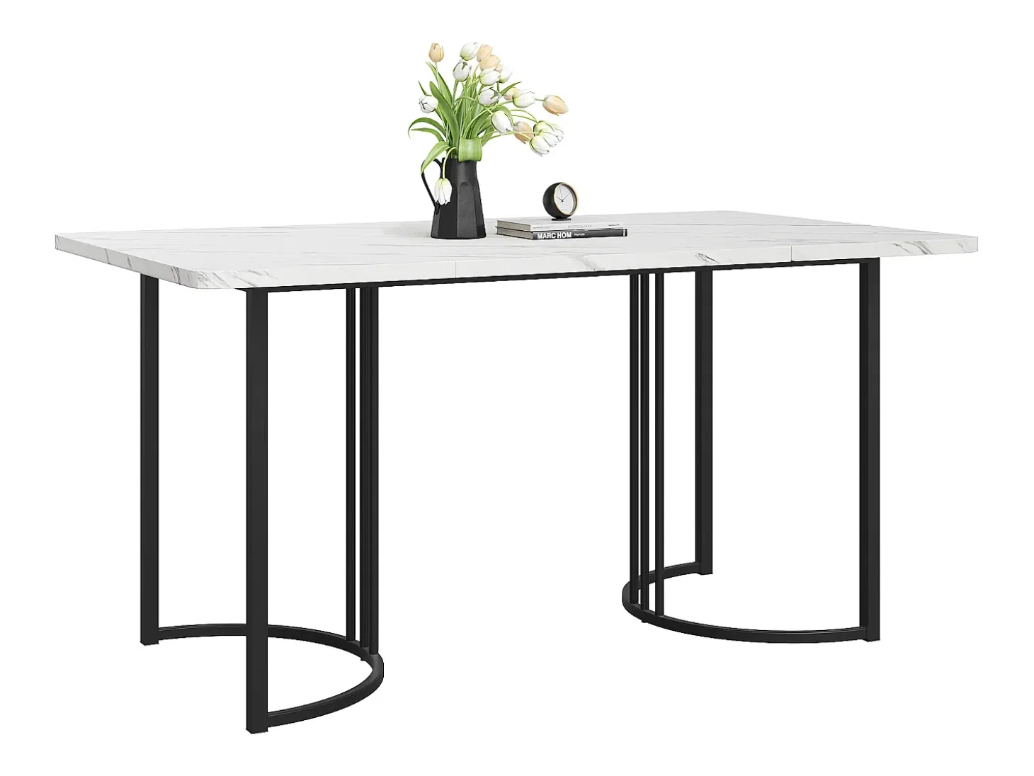 Mesa de comedor 140 x 80 x 75 cm, de metal, rectangular en mármol moderno, patas ajustables, color blanco/negro.
