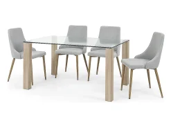 Mesa de Comedor – 140x90x76 cm, Tapa de Cristal Templado 10 mm, Patas Metálicas en Acabado Roble, Diseño Moderno y Elegante