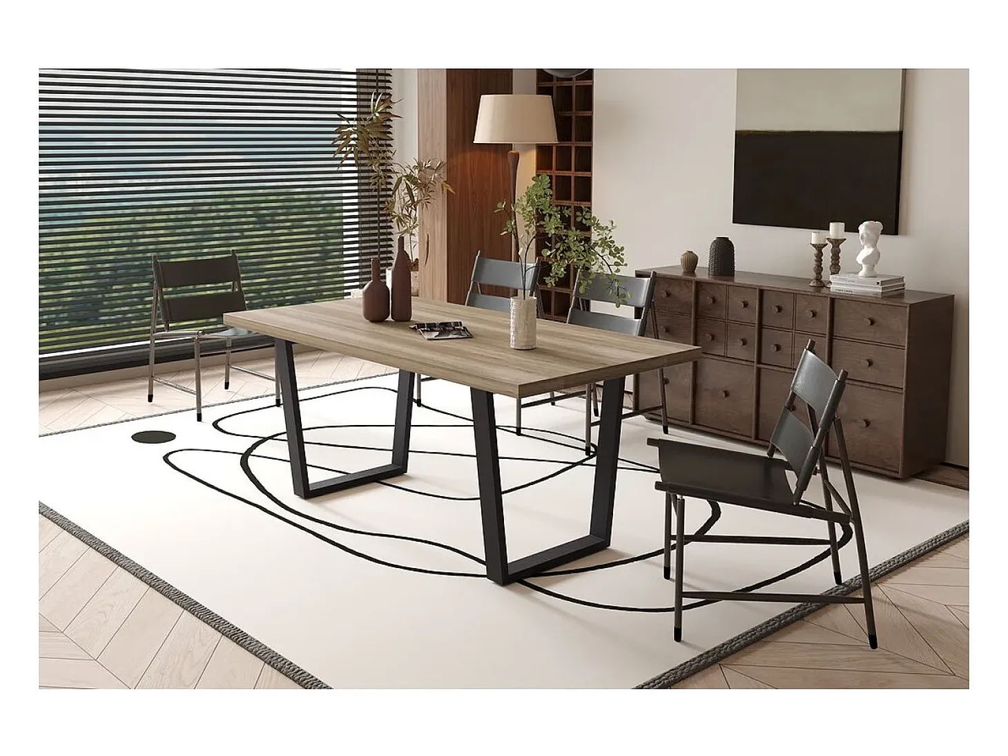 Mesa de comedor ALTONIA – 180x90 cm – Efecto madera de mango – Patas de metal – Diseño industrial y acogedor
