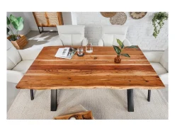 Mesa de comedor ARKAYA – Madera maciza de acacia barnizada y patas de metal negro en X – 160 cm – Estilo industrial