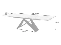 Mesa de comedor ATARA 180–260 cm – Superficie de cerámica efecto mármol blanco y metal negro