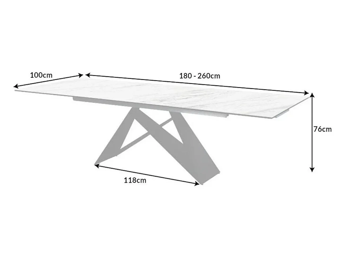 Mesa de comedor ATARA 180–260 cm – Superficie de cerámica efecto mármol blanco y metal negro