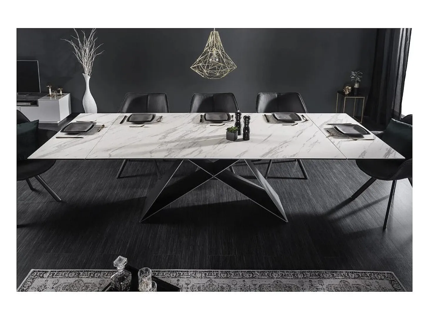 Mesa de comedor ATARA 180–260 cm – Superficie de cerámica efecto mármol blanco y metal negro