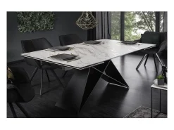 Mesa de comedor ATARA 180–260 cm – Superficie de cerámica efecto mármol blanco y metal negro