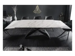 Mesa de comedor ATARA 180–260 cm – Superficie de cerámica efecto mármol blanco y metal negro