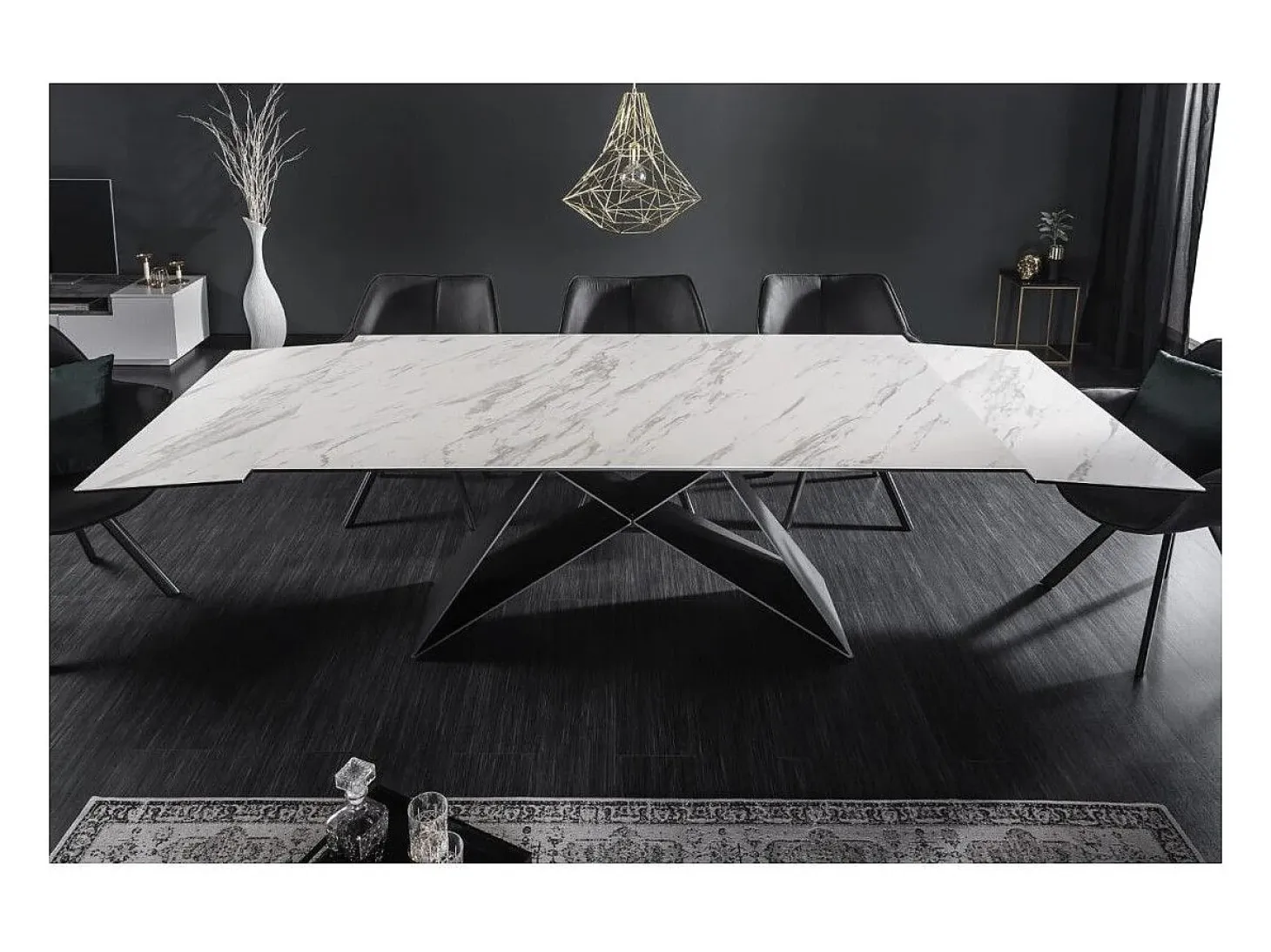 Mesa de comedor ATARA 180–260 cm – Superficie de cerámica efecto mármol blanco y metal negro