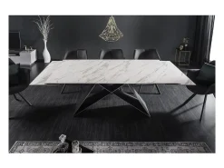 Mesa de comedor ATARA 180–260 cm – Superficie de cerámica efecto mármol blanco y metal negro