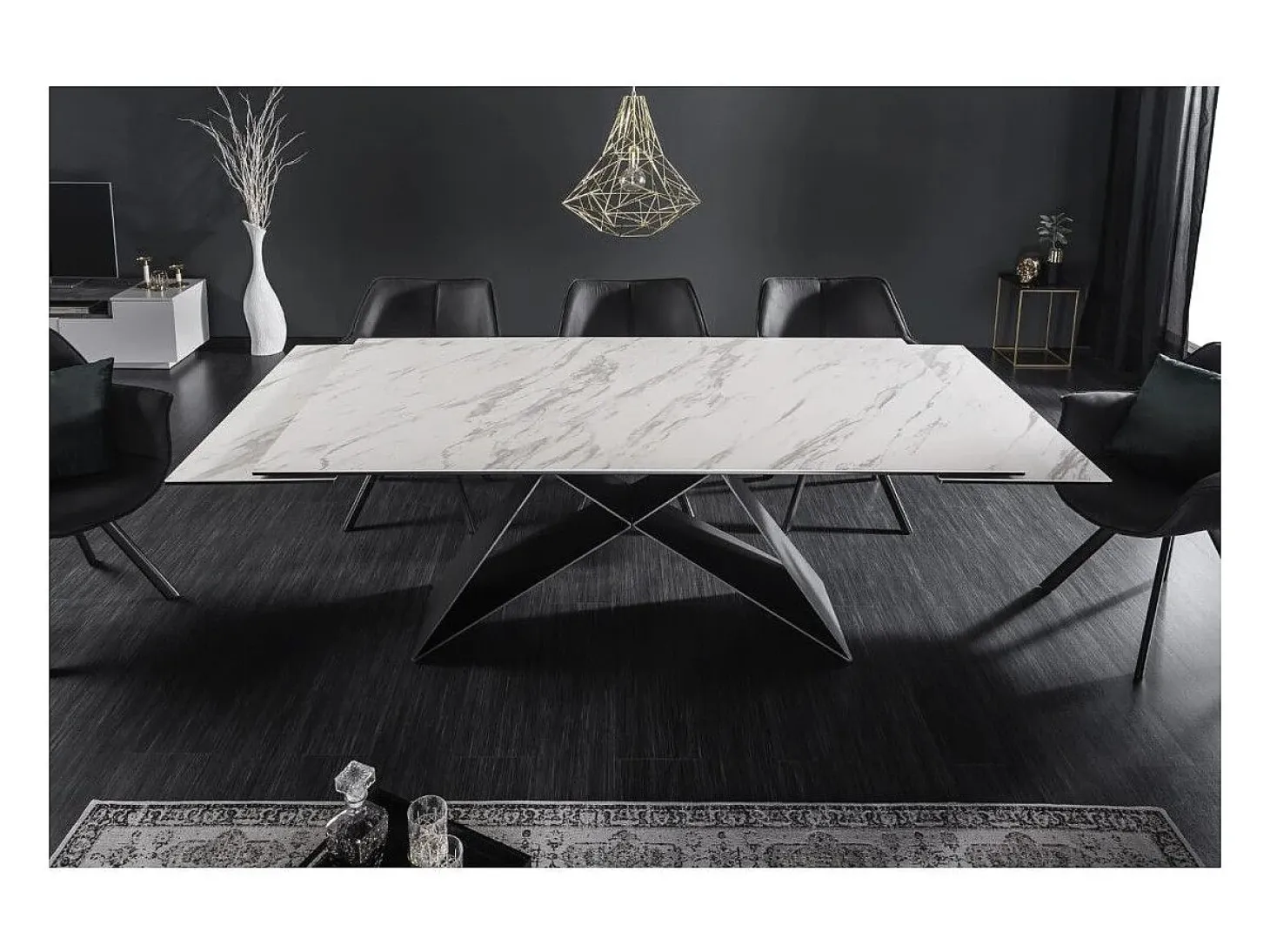 Mesa de comedor ATARA 180–260 cm – Superficie de cerámica efecto mármol blanco y metal negro